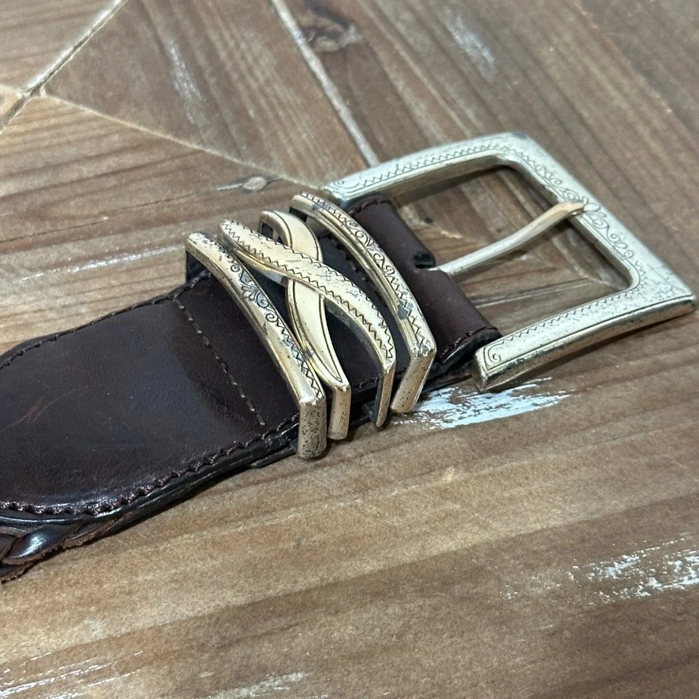 Vintage Brighton Brown Woven Braided Leather Belt Silver Buckle XS/26 97068